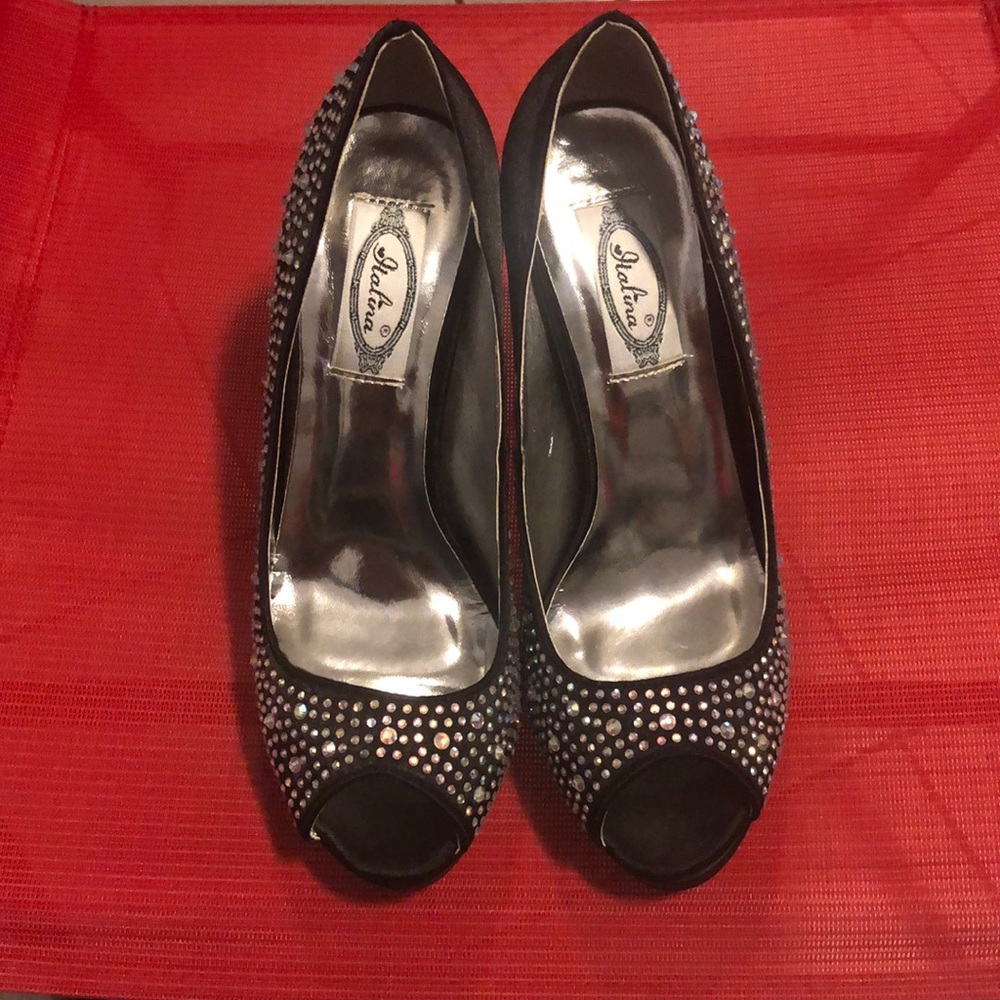 Satin Black and multicolored Rhinestone shoes